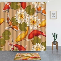 lotus koi print shower curtains set non slip rug japanese style washable bathroom decor screen bath mats entrance door mat hooks