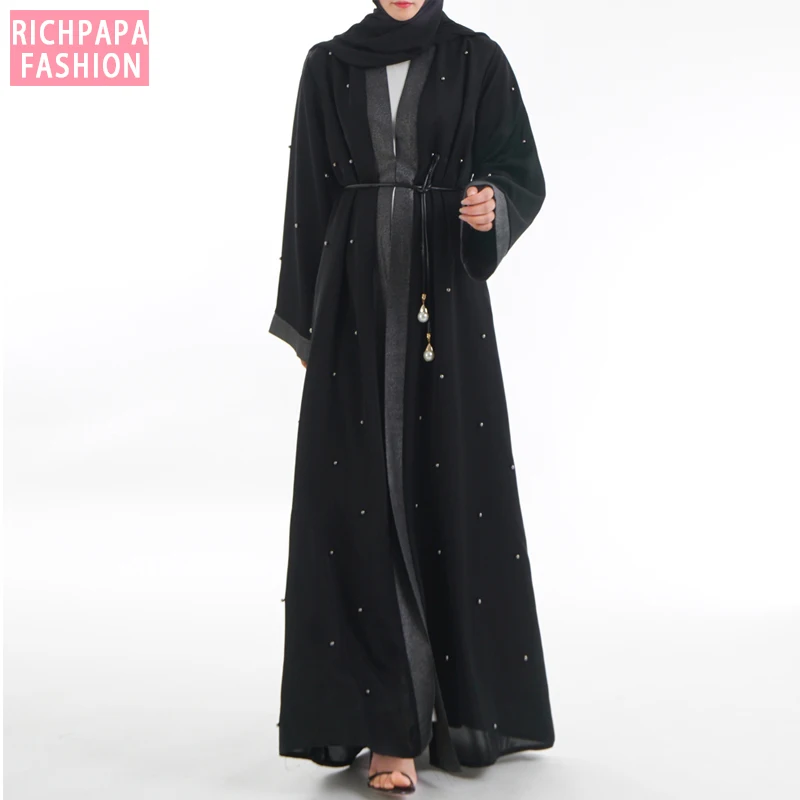 Черная открытая мусульманская абайя платье Дубай турецкое женское кафтан кимоно