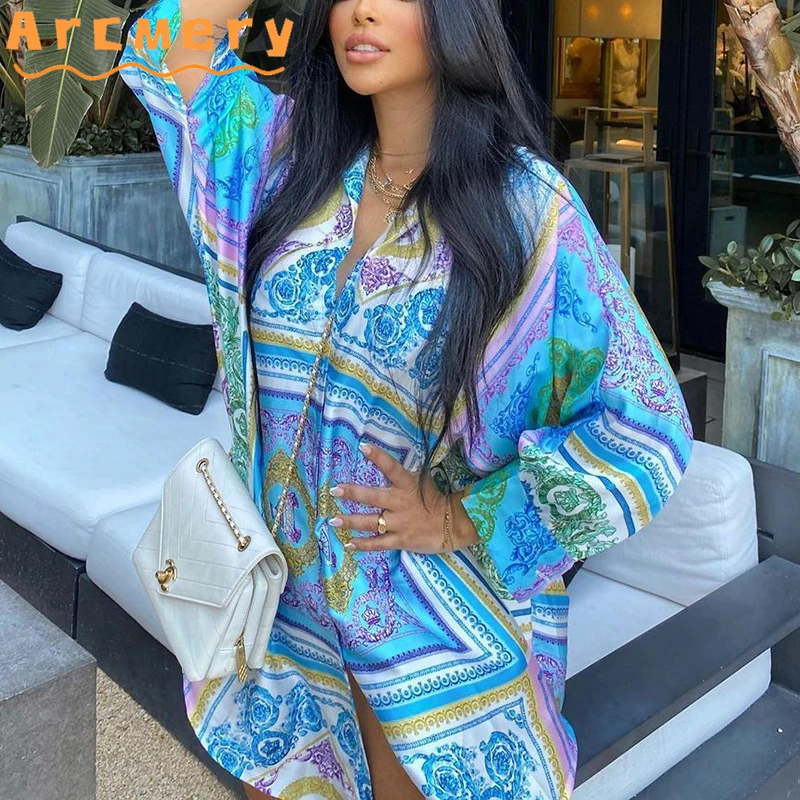 

Women Long Sleeve Printed Turn Down Collar Loose Style Shirt Dress