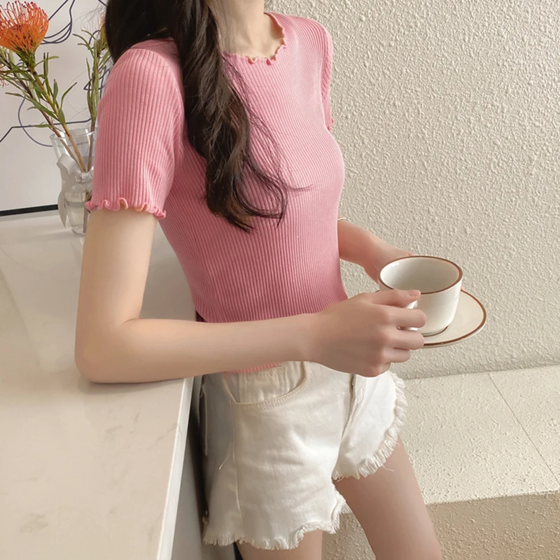 

O-Neck Fungus Knitted T-Shirt Woman's Korean Sweet Solid Short Sleeve Tops Women Casual Stretch Slim T-Shirts Woman Summer 2021