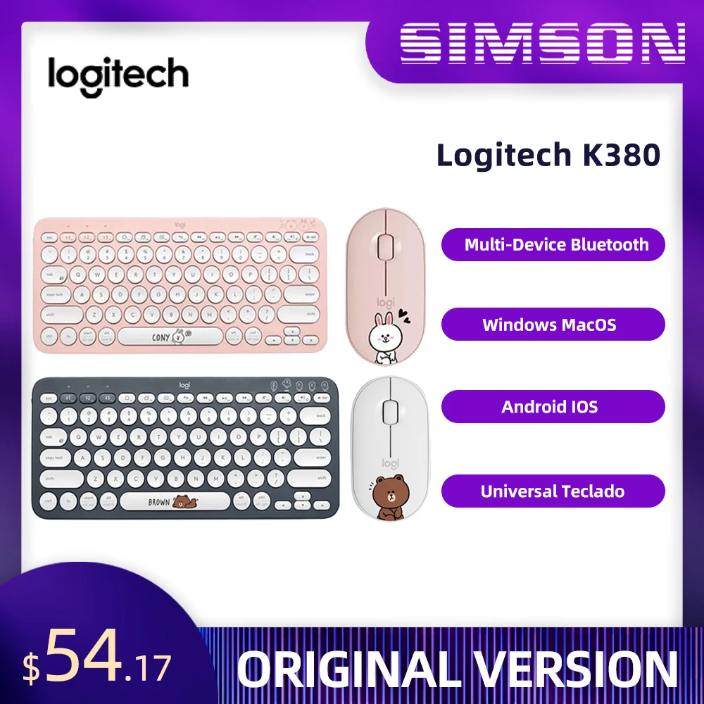 

Logitech feat. Line Friends K380 Keyboard M350 Pebble Mouse Multi-Device Bluetooth Wireless Windows MacOS Android IOS Chrome OS