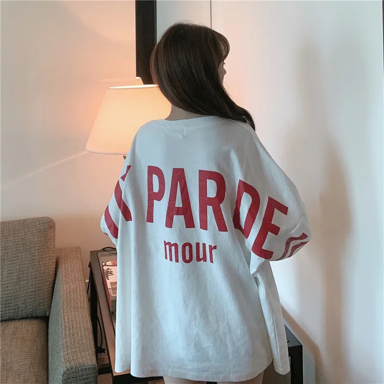 Ulzzang Топы mujer осень vogue корейский стиль одежда уличная панк с буквенным принтом Большие размеры с длинным рукавом Повседневная футболка женская