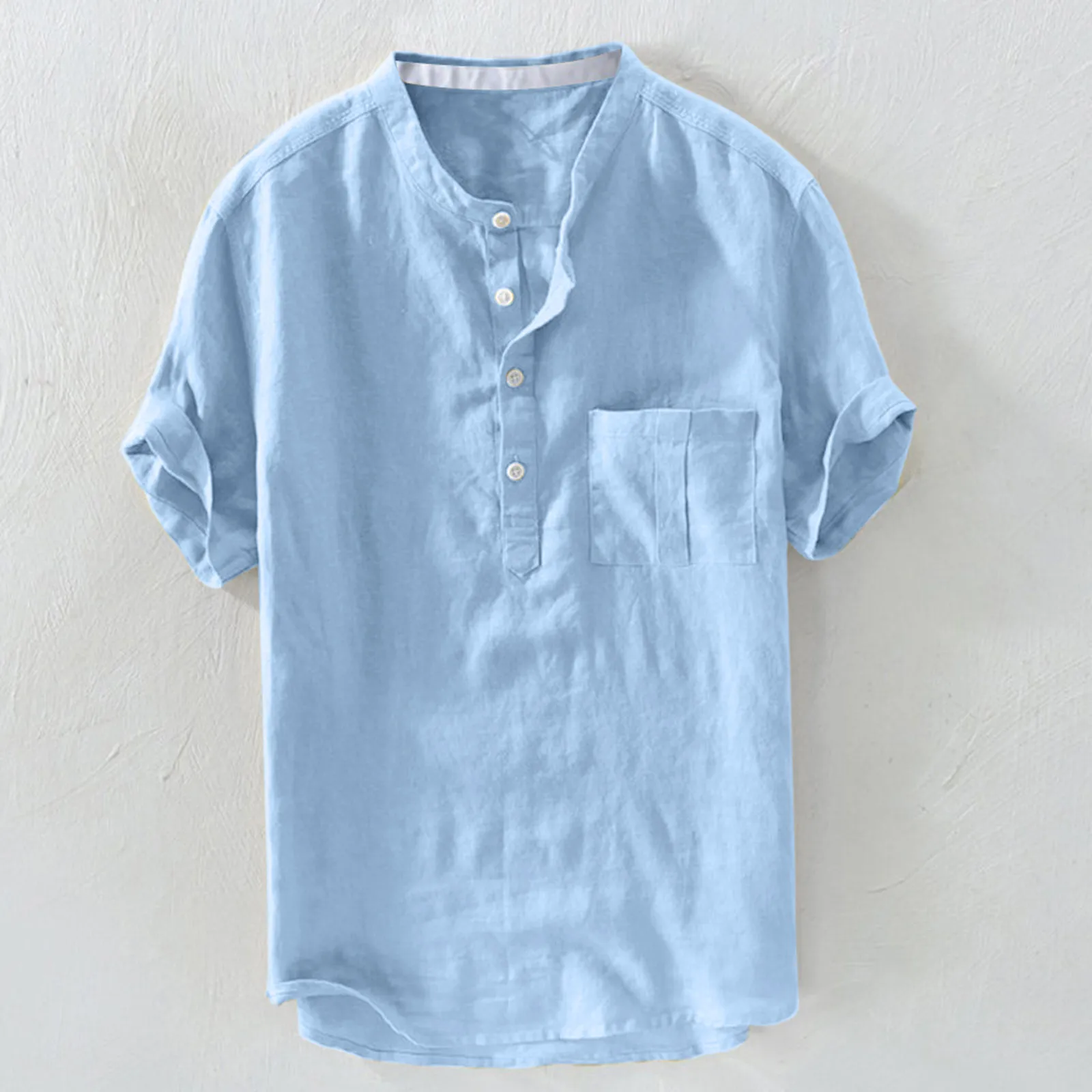 Мужская хлопковая рубашка с воротником стойкой однотонная винтажная брендовая в