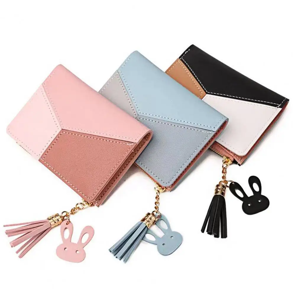 

Genuine Zipper Closure Compartment Faux Leather Tassel Color Block Card Holder Short Wallet for Shopping Minimalist Wallet