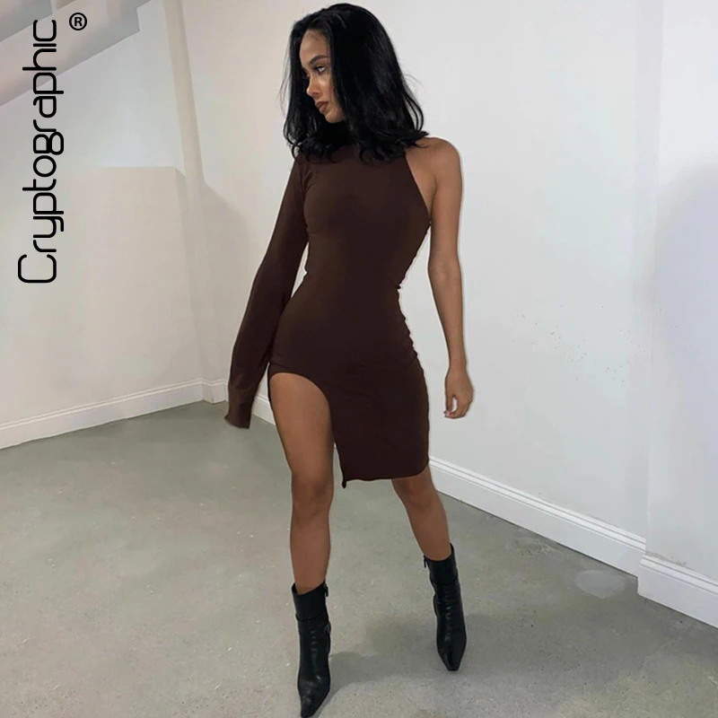 Cryptographic модное платье с разрезом на одно плечо для женщин Повседневное осеннее