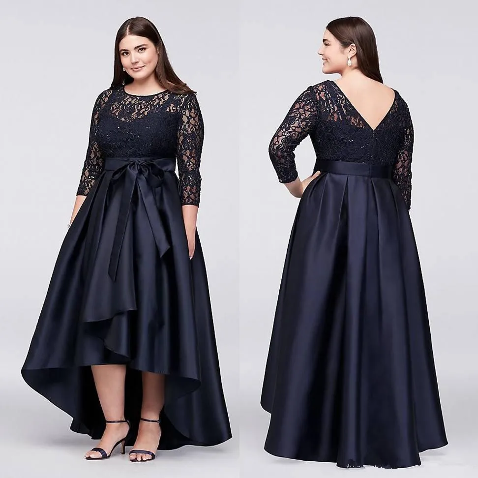 

Navy Blue Mother of the Bride Groom Dresses with 3/4 Long Sleeves 2021 Plus Size Lace Stain Jewel Neck Mother Occasion Prom Gown