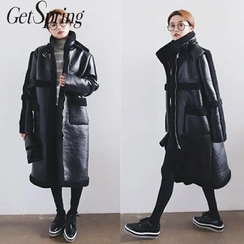 Женская меховая куртка GetSpring длинная Меховая из овечьей шерсти в стиле пэчворк на