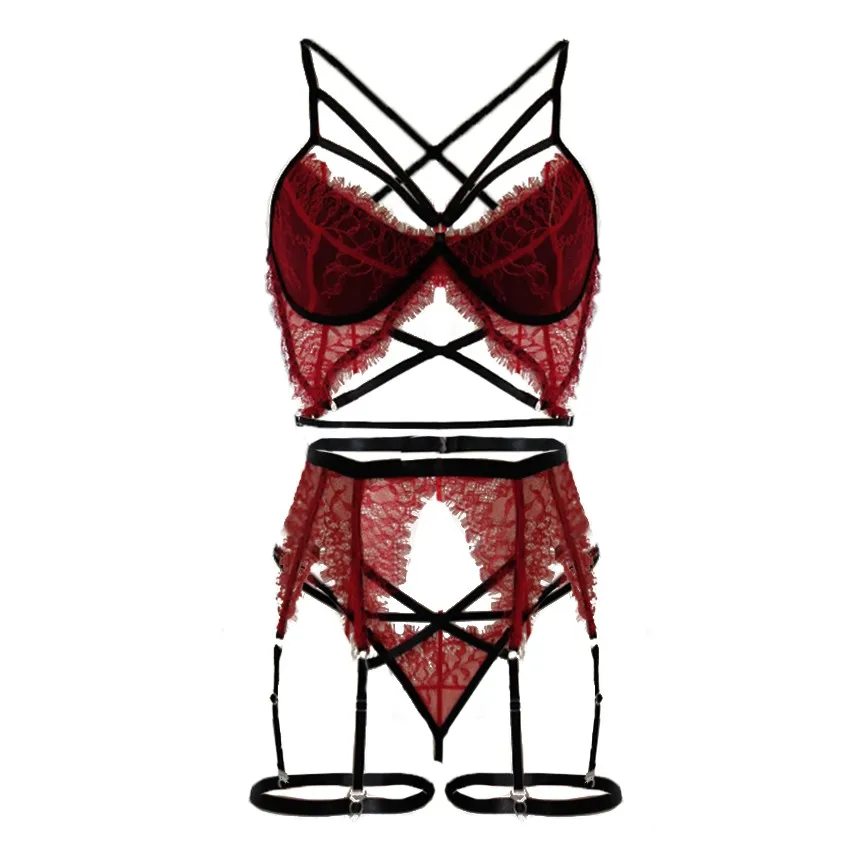 

Fashion New Women Bra Set Exotic Apparel Sexy Lingerie Set Plus Size Wireless Bra Ladies Underwear With Garter M-3XL Red femme
