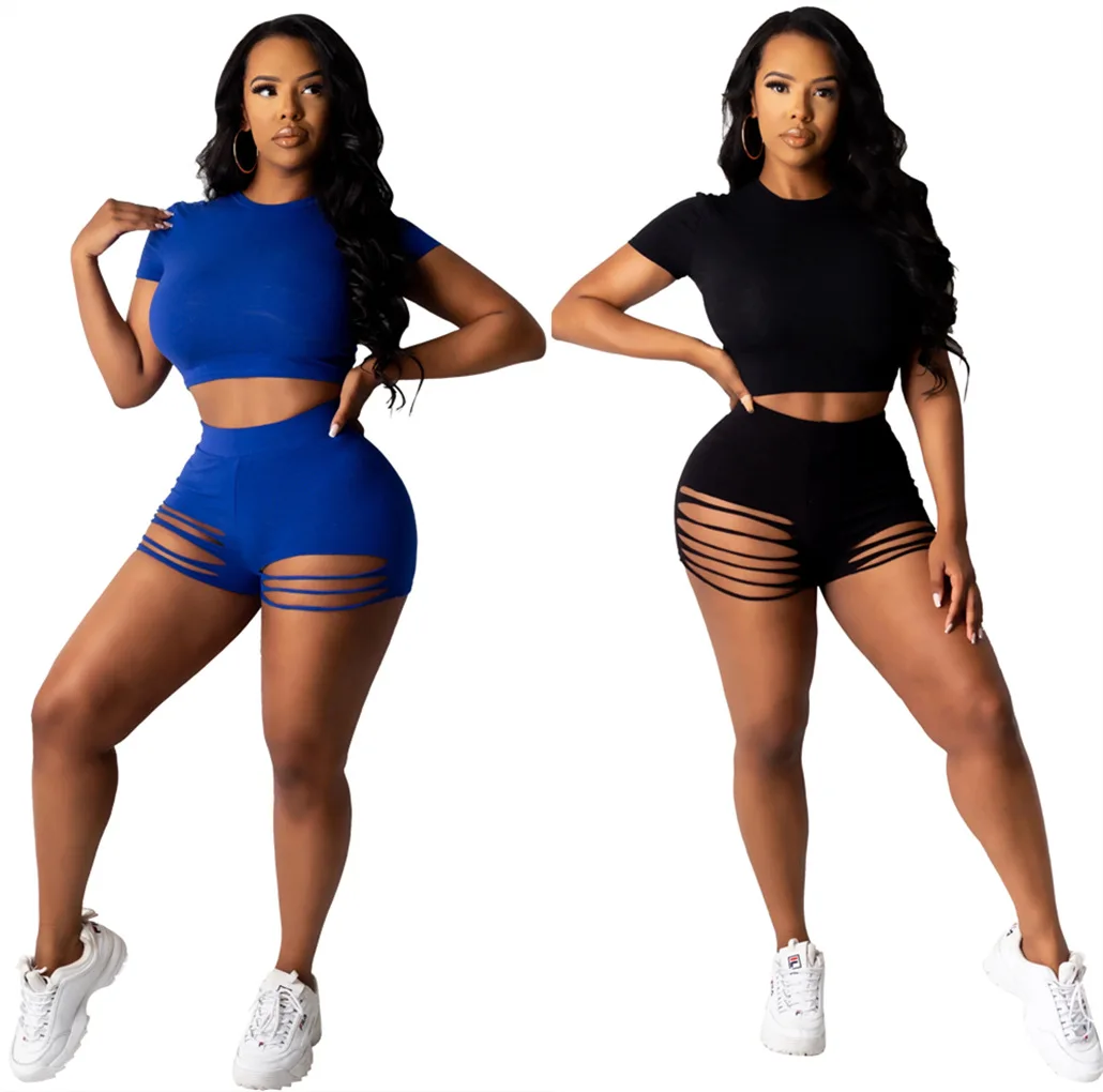 

S-2XL 2021 fashion sport suit women summmer clothing hole solid color top and shorts two piece set Wholesale Dropshipping