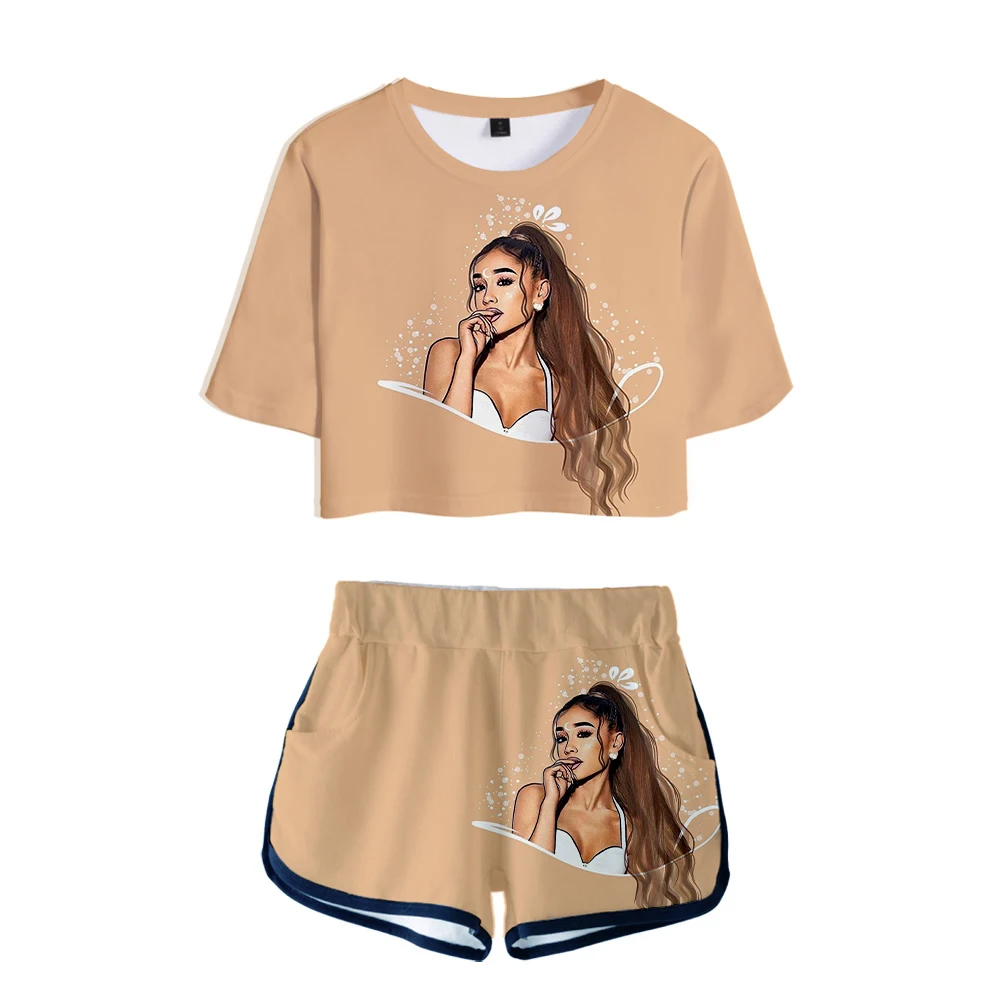 Popualr Ariana Grande Two Piece Set TShirt & Pants Fashion Summer Women Dew navel T-shirt set Girl Leisure Sets Sexy Tracksuit