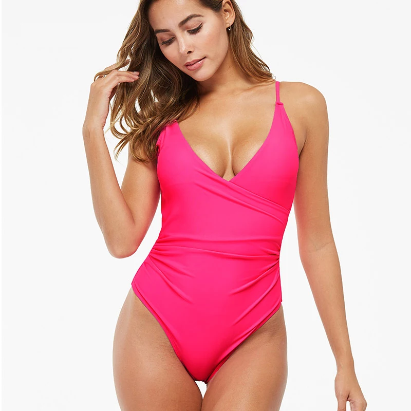 

Miss Adola 2020 new sexy one-piece swimsuit women's solid color conservative cover belly swimsuit V-neck bikini swimsuit