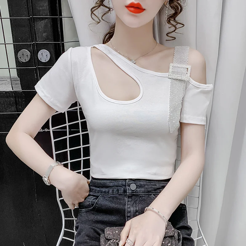 

Short sleeve t-shirt female 2021 summer new slim care machine hollow out exposed clavicle with short foreign style top fashion