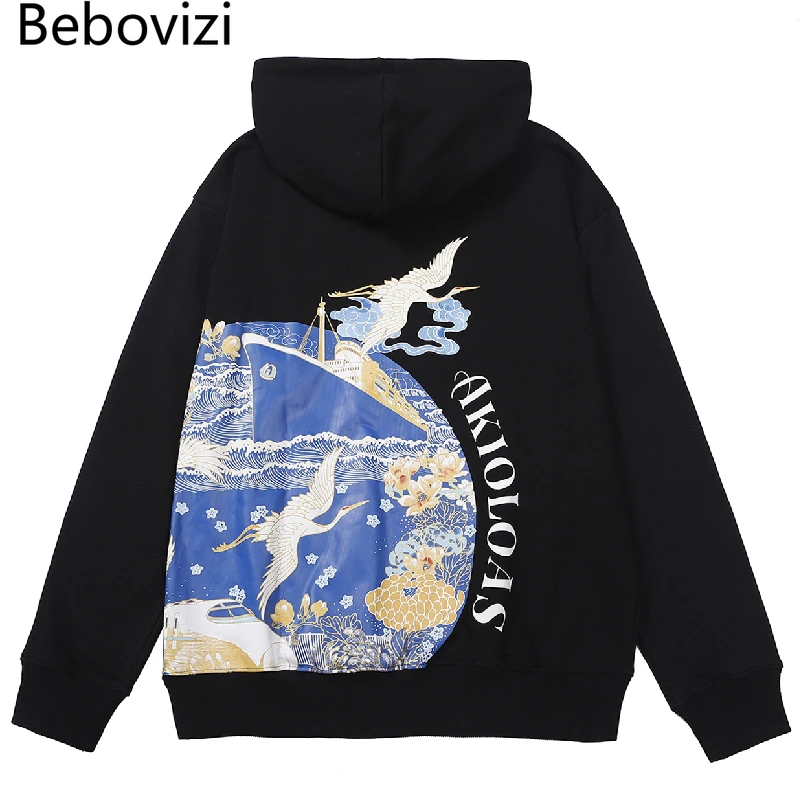 

Streetwear Sweatshirt Oversize Hoodie Men Hip Hop Crane Print Pullover 2021 Autumn Harajuku Cotton Casual Japan Sweatshirt