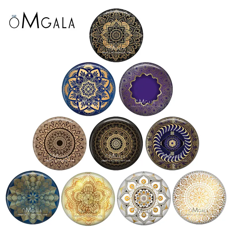 

Fashion Colorful Mandala Art Patterns 10pcs 12mm/18mm/20mm/25mm Round photo glass cabochon demo flat back Making findings