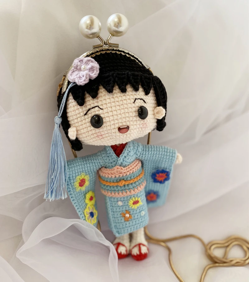 Knitting Dolls Kid Kimono girl Crochet Yarn Toys finished Knit Fabric Toy Knitted Bag Handmade Inclined shoulder bag | Игрушки и хобби