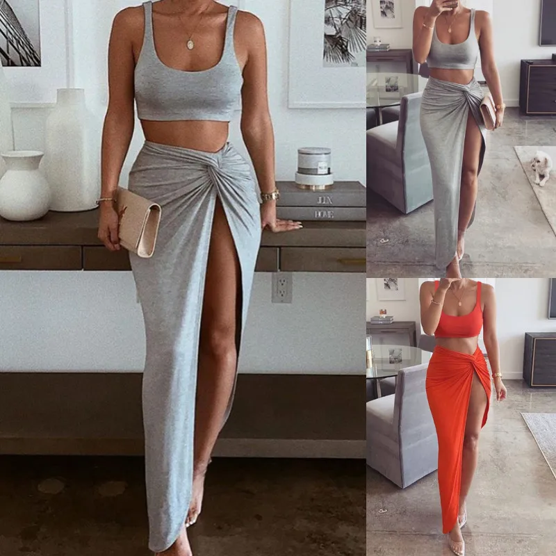 

New Asia Sexy Party 2 Piece Set Women 2022 Plus Size Crop Top Twist Side Split Long Skirts Matching Sets Club Two Piece Outfits