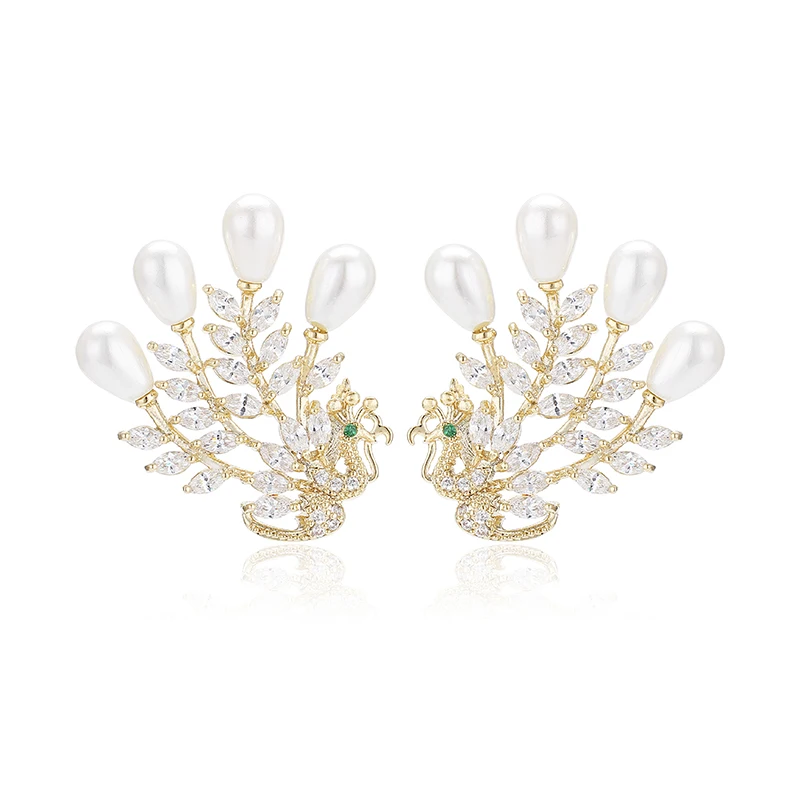 Изысканные роскошные женские серьги-гвоздики с павлином и имитацией жемчуга для