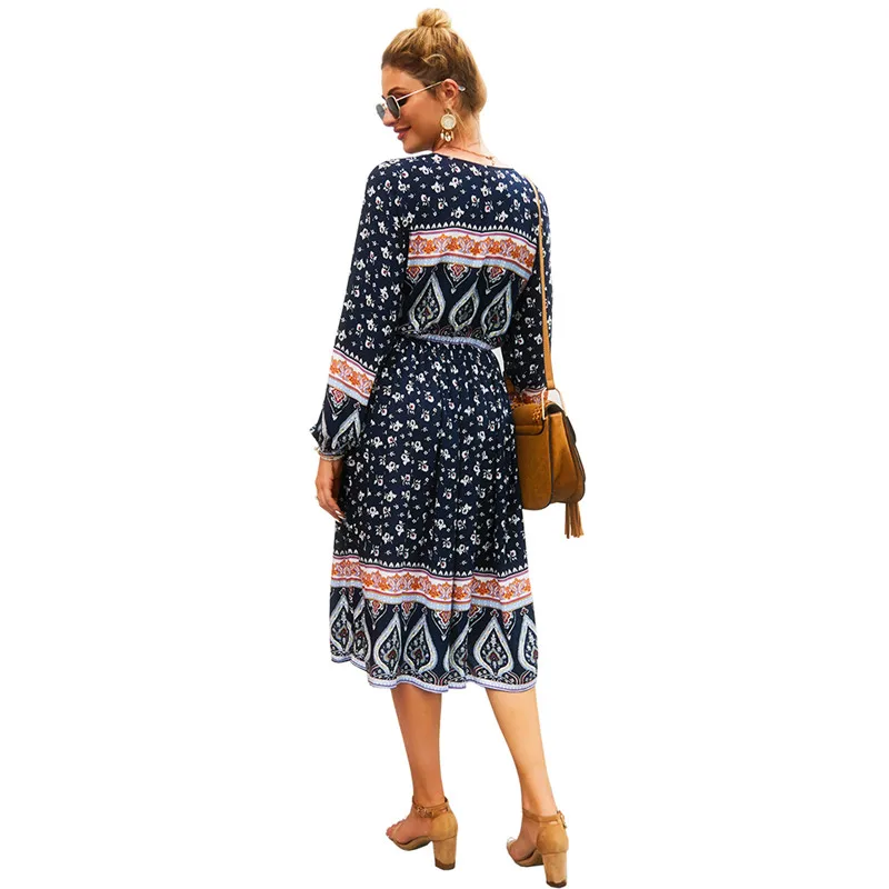 

Ladies Autumn Long Sleeve Dress Women Bohemian Women Printed Black Dress Free Shipping Lady Dresses