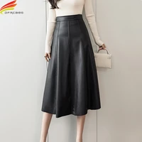 new 2022 autumn winter long pu leather skirt women korean fashion patchwork high waist a line skirt black khaki beige jupe femme