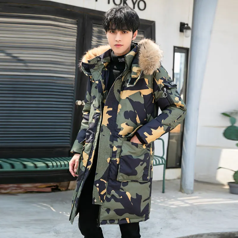 Winter men's trend thickened long down jacket big fur collar hooded down jacket run men's same style brand young man fashion