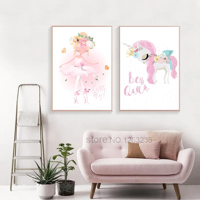 Розовый Единорог скандинавский принт цветок постер с принцессой украшение