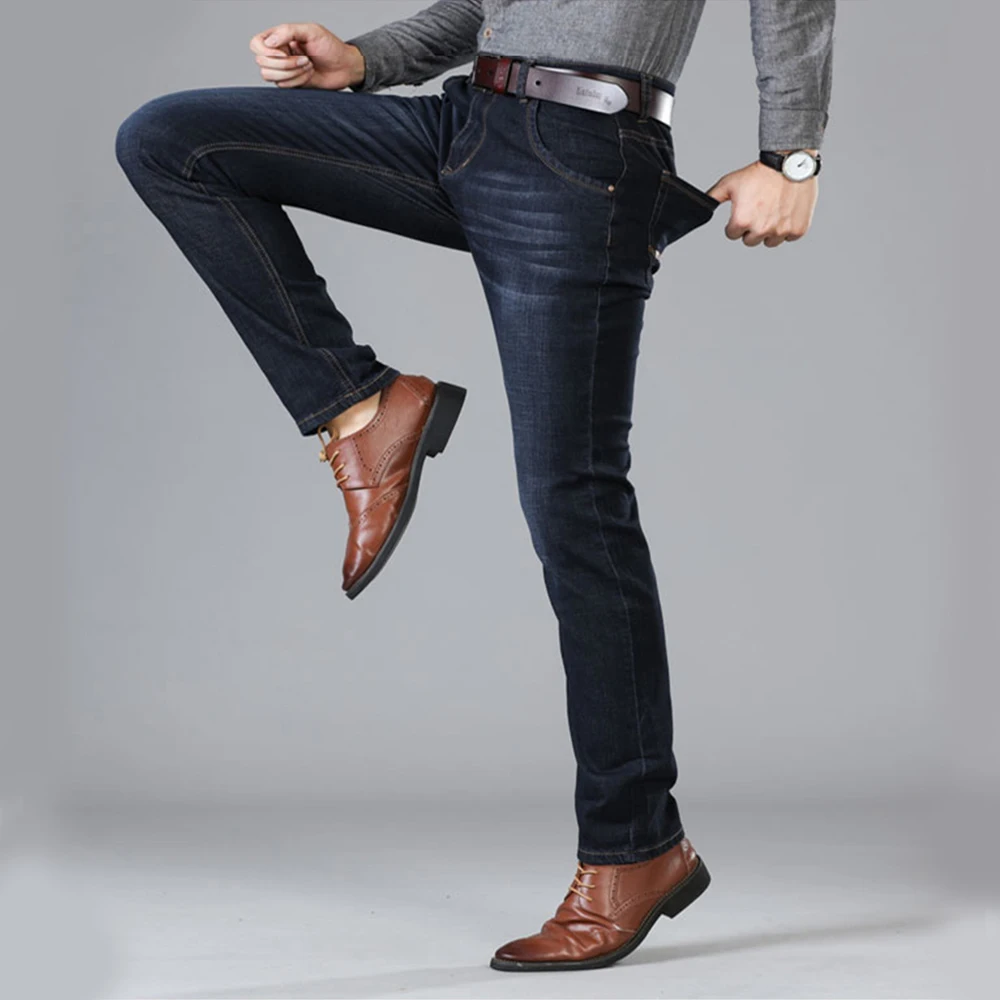 Spring Autumn Men Brand Smart Casual Jeans Elastic Comfort Straight Denim Pant Blue Black Male Stretch Classic Business Trousers