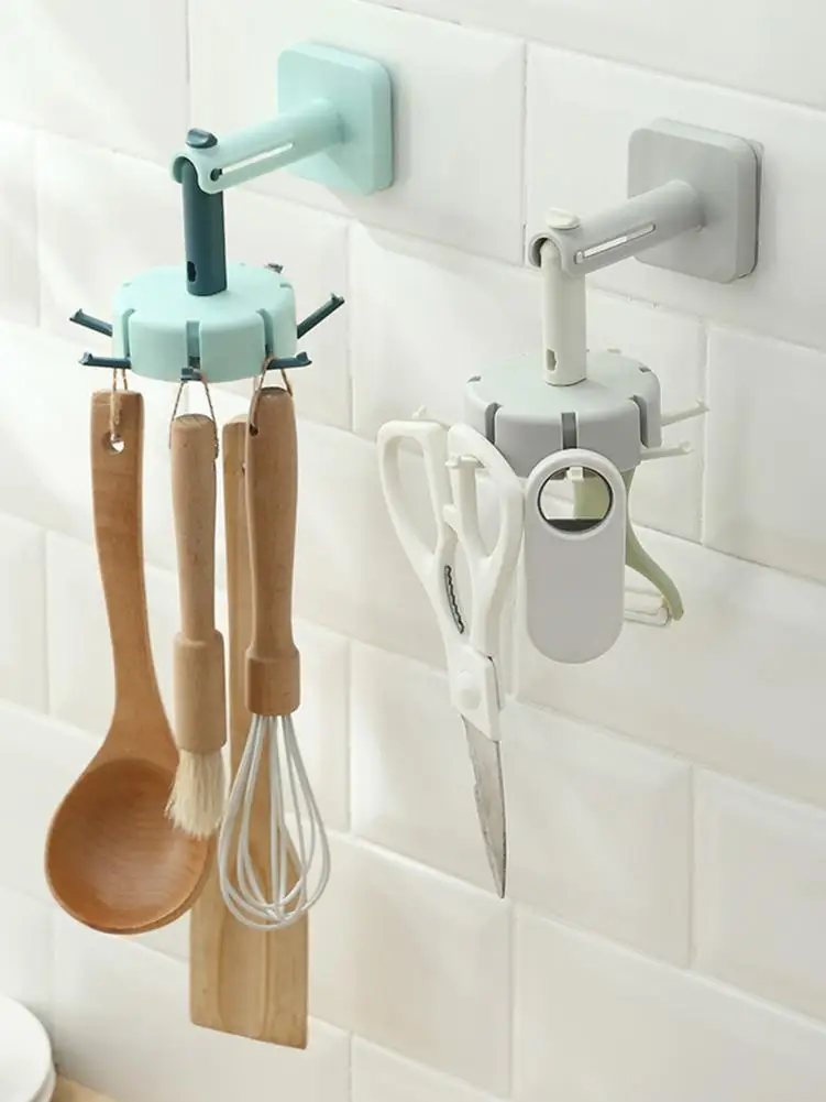 

360 Degrees Rotation Kitchen Hooks Self Adhesive 6 Hooks Door Hook Hanger Hanging Rack Punch-free Wall-mounted Organize Utensils