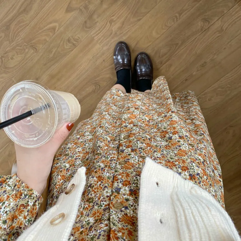 

QWEEK Vintage Korean Dress Women Autumn 2020 Fashion Casual Three Quarter Print Floral Ladies Dress Plus Size Dresses for Women