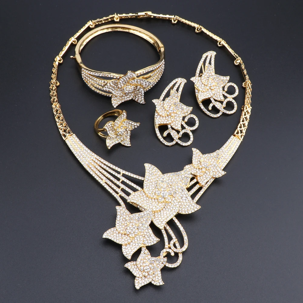 Fashion Star Rhinestones Crystal Necklace Bracelet Wedding Party Elegant Women Earrings Ring Classic Jewelry Sets | Украшения и