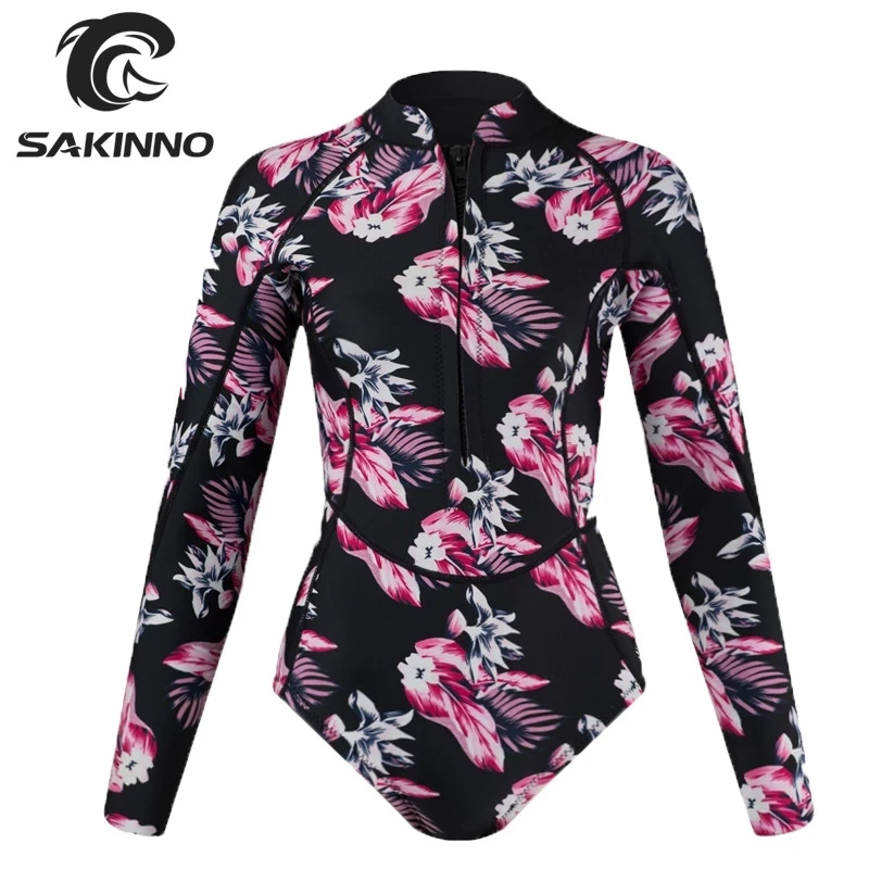 

Women's 2mm Neoprene Swim suit Wetsuit Long Sleeve One Piece Swimsuit Diving Suit Water Surf Swim Snorkel Front Zip Printed