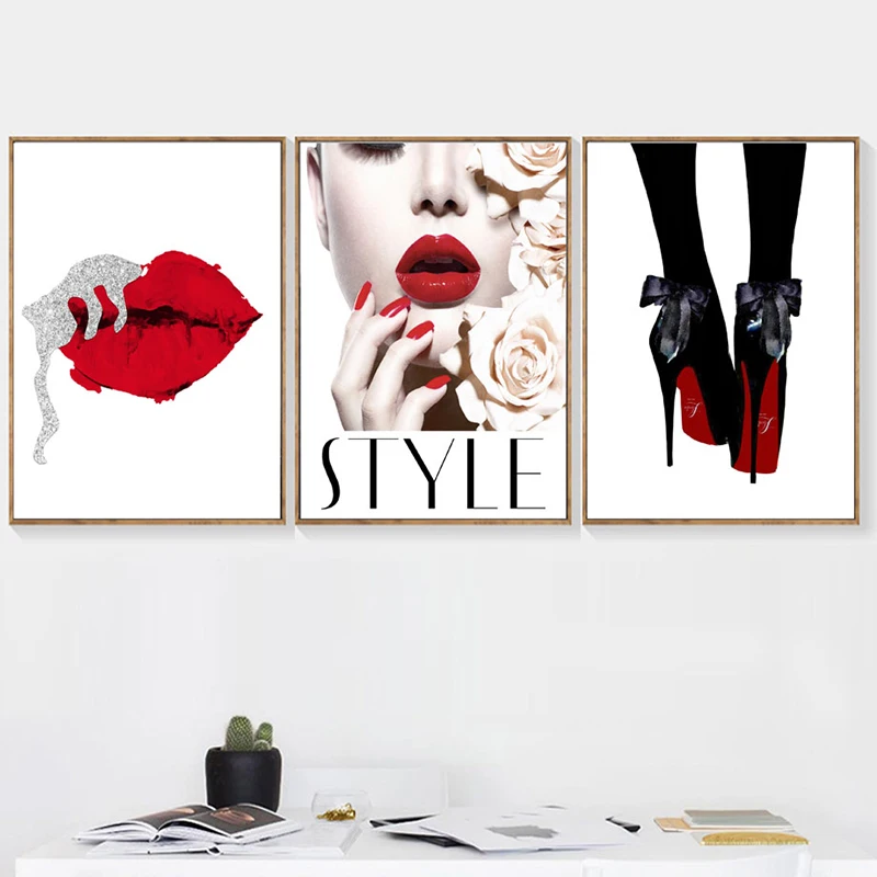 

Poster And Print Canvas Painting Fashion Red Lips Flower Paris Girl Nordic Wall Art Pictures For Living Room Home Decor