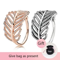 lr full diamond pan glitter feather 925 sterling ring rose gold leaf index finger ring for women fine jewelry gift 2022 trend
