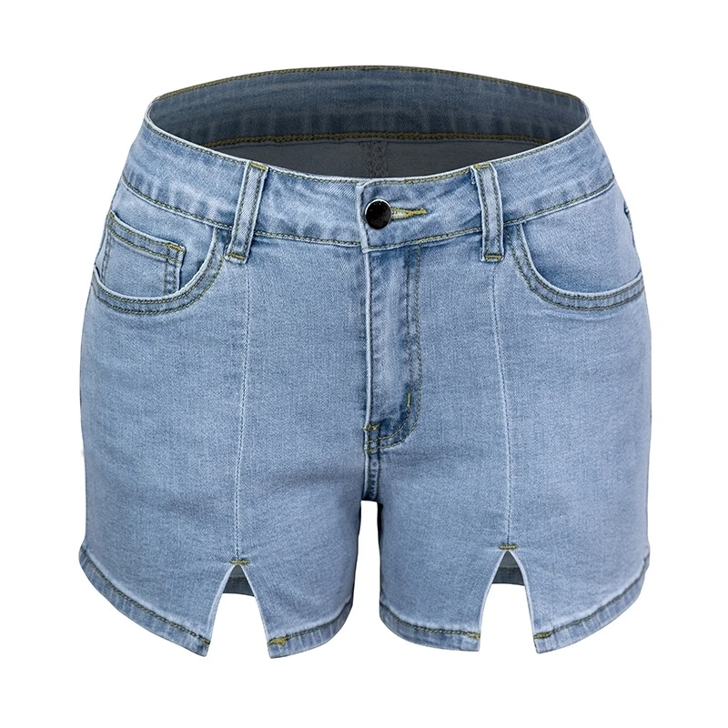 

2021 summer fashion temperament high waist slit elastic denim shorts