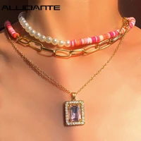 boho pink crystal square multi layer beaded necklace for women handmade clay bead asymmetric chain choker femme party jewelry