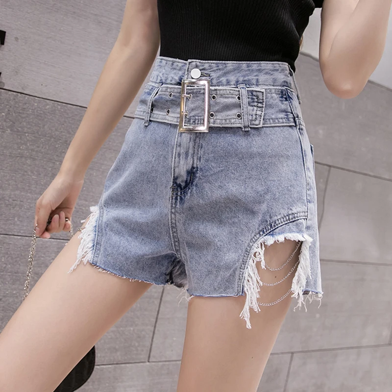 Черные Рваные джинсовые шорты бойфренда с поясом 2020 летние винтажные уличные