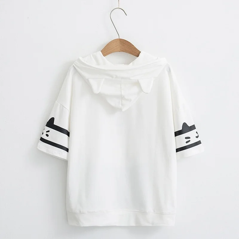 

New Summer White Black T-shirt Women Harajuku Japan Style Kawaii Cat Print Tshirt Hooded Short Sleeve Cotton Girls Cute Tshirts