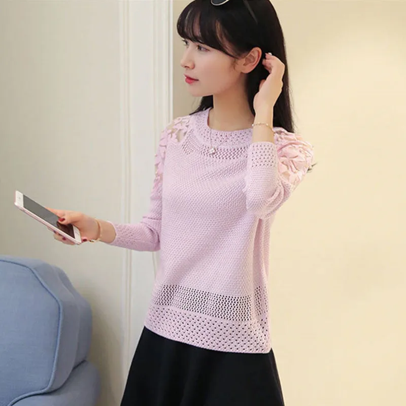 UHYTGF Knitted pullover sweaters women Fashion hollow lace short tops beaded long sleeves thin Spring autumn Sweater female 532 | Женская