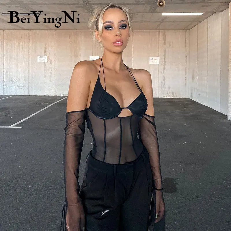 

Beiyingni New Fashion Halter T-shirt Women Black Sexy Club Streetwear Backless Mesh Patchwork Tshirts Female Thin Hollow Out Top