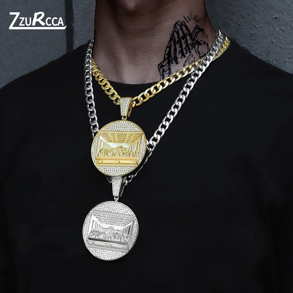 

Hip Hop Iced Out The Last Supper Pendant Bling Rhinestone Gold Cuban Chain Necklace for Men Charm Jewelry Gift cordao masculino