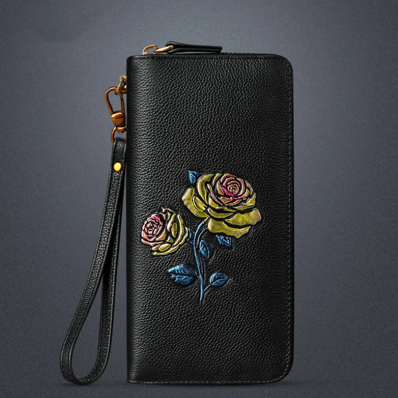 

Luxury Brand Design Women Wallets Rose Flower Genuine Leather Clutch Purse Long Large Capacity Credit Card Zipper Coin Pocket