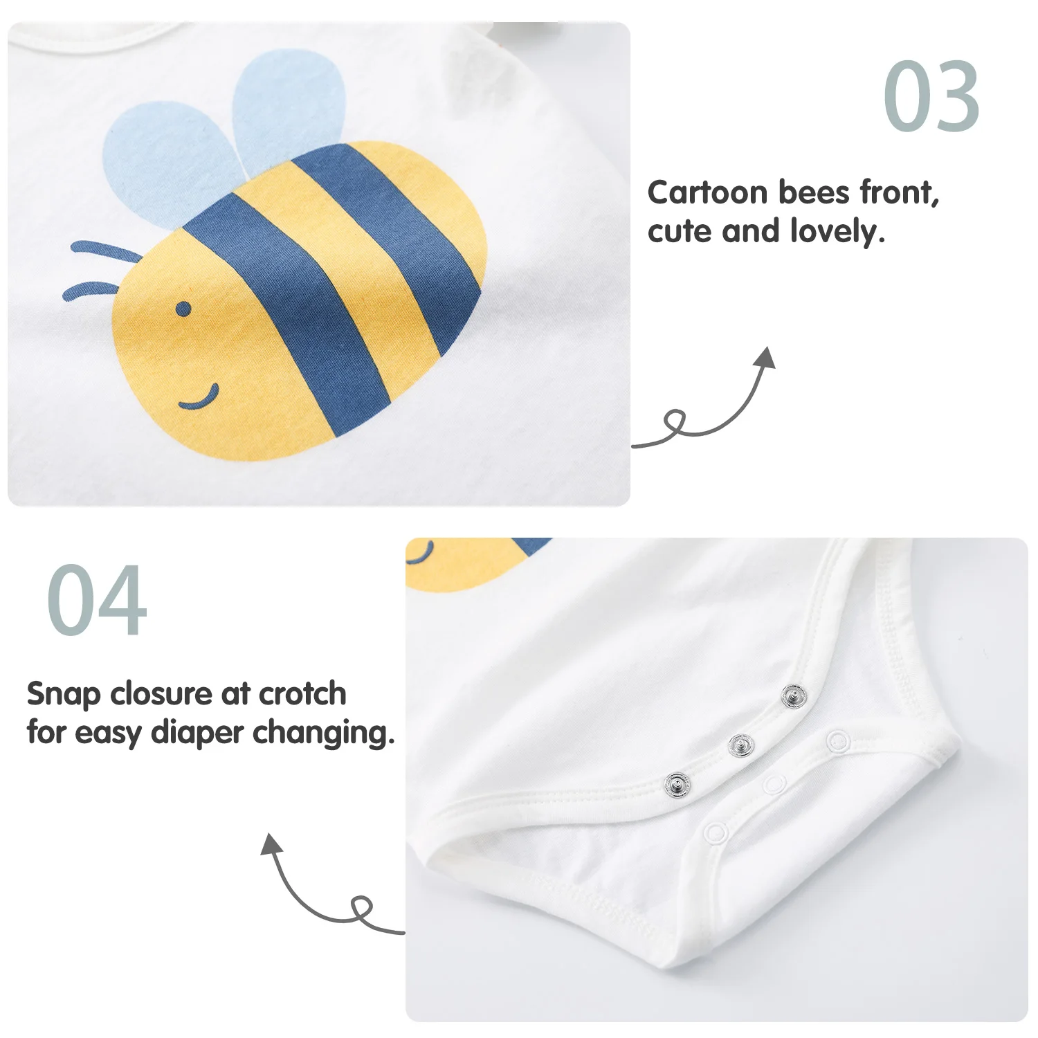 Комбинезон для новорожденных хлопковый с коротким рукавом и пчелами|Боди