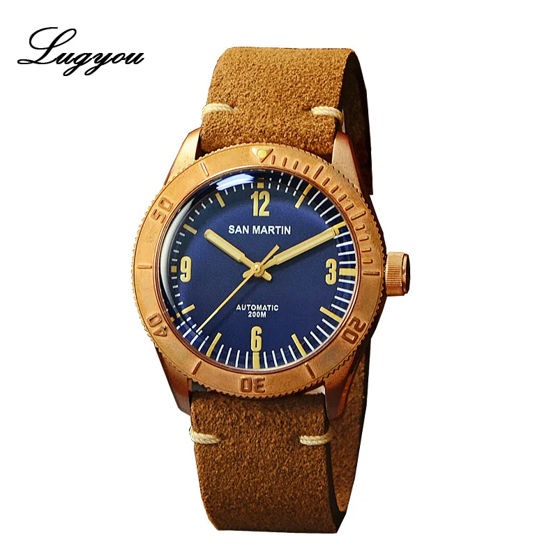 Blue PT Lugyou San Martin, бронзовые часы для ныряльщиков, автоматический вращающийся ободок, Водонепроницаемость 200 м, сапфировый куполообразный кристалл, ремешок из натуральной кожи - Цвет: Blue PT