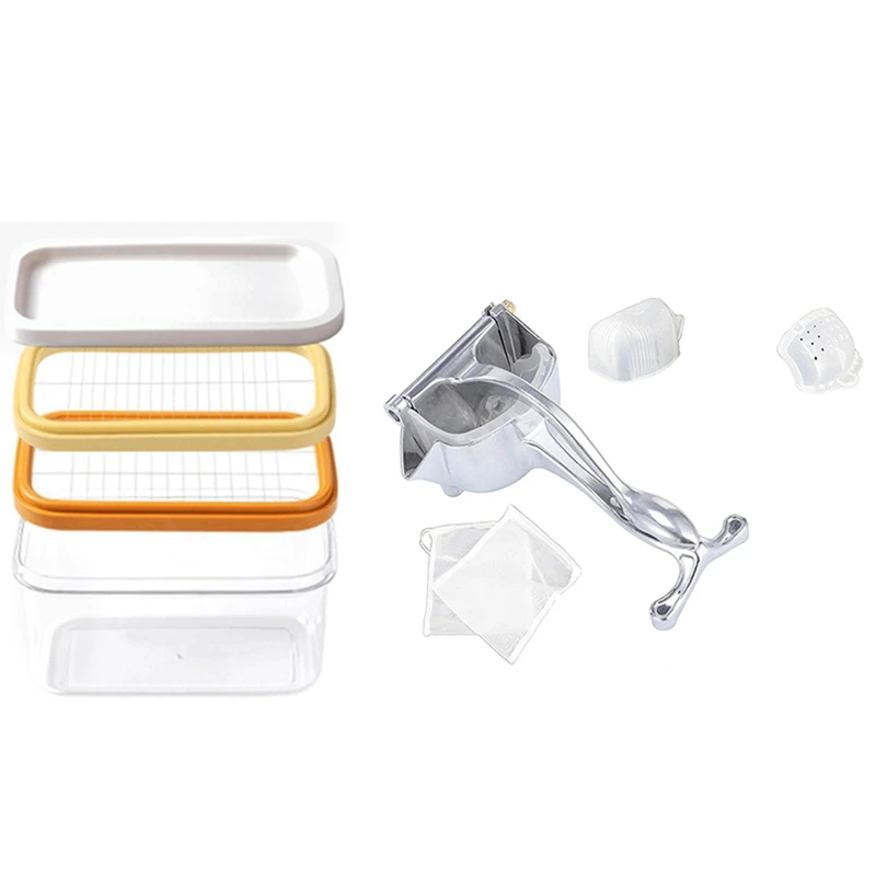 

1 Set 2 Layer Kitchen Portable Home Butter Box Cutting Food with Lid & 1 Set Metal Rust Proof Citrus Press Juicer