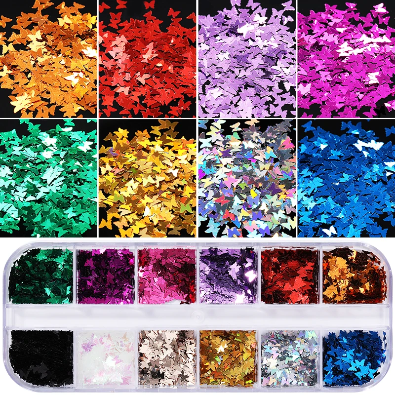 

12 Grid/Set Holographics Nail Glitter Sequins Sparkly 3D Thin Butterfly Flakes Polish Decor For Nail Art Accessories