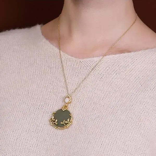 

Designer original new ancient gold craftsmanship inlaid natural Hetian jade bamboo leaf necklace pendant ladies jewelry