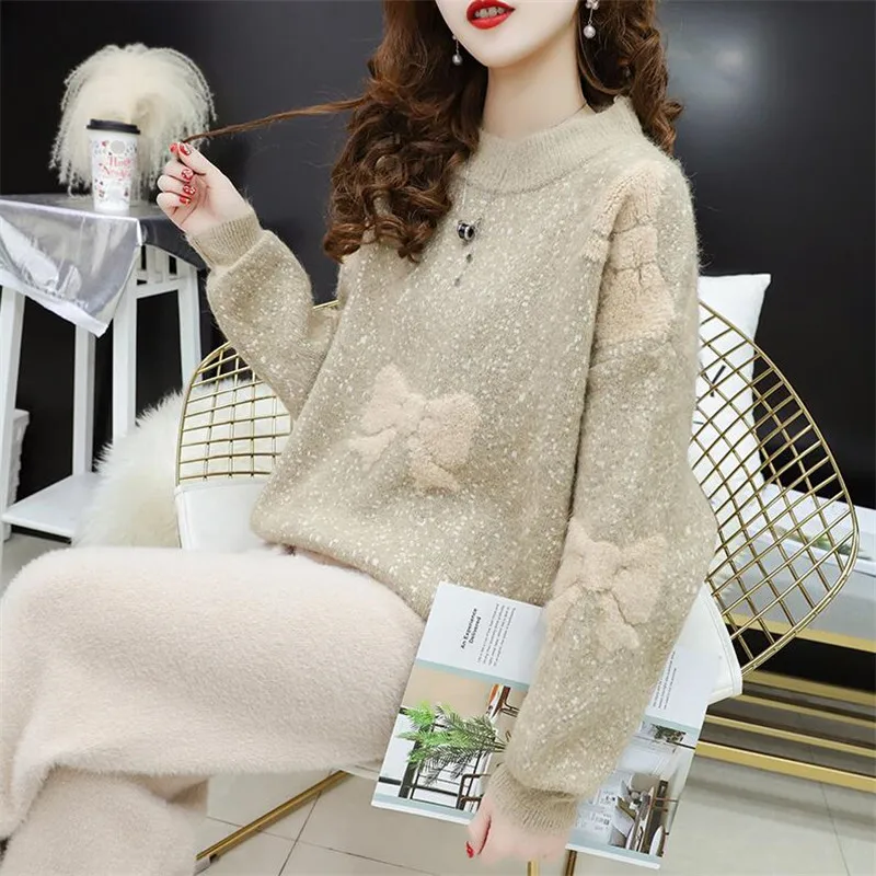 women's sweater new autumn and winter solid color long-sleeved bow embroidery thick warm | Женская одежда