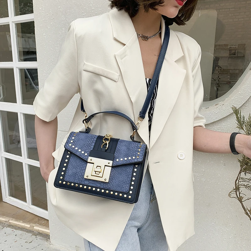 

Brand Women's Shoulder Bag Stone Grain Handbag Designer Rivet Metal Buckle Square Bag Female Luxury Purse Leather Crossbody Bags
