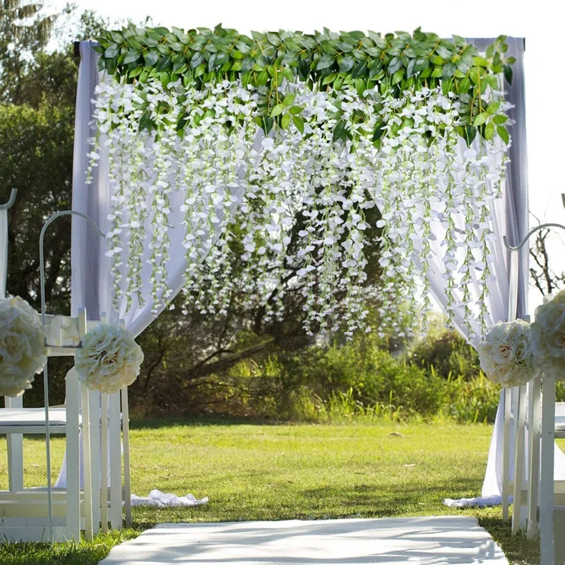 

NEW-12Pcs Artificial Wisteria Vine Rattan Hanging Garland Flowers 12Pcs Fake Ivy Leaf Foliage for Garden Wedding Wall Decor