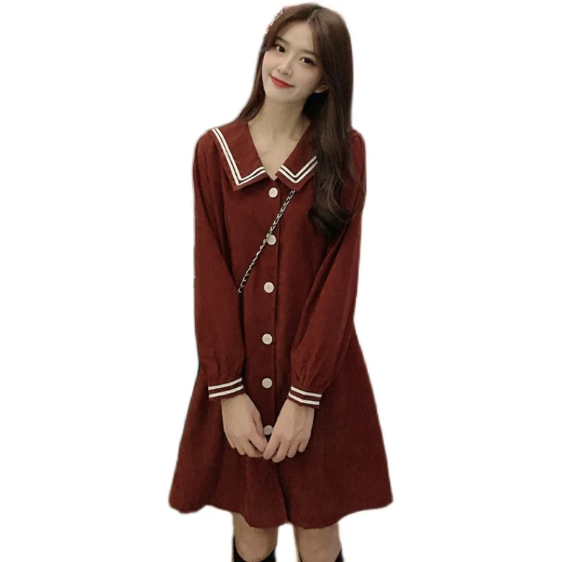 

Autumn New 2020 Casual Fashion Loose and Slimming Cinched Mid-Length Dress Korean Style Pure Color All-Matching Long Sleeve