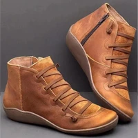 womens leather ankle boots 2021 new large 35 43 autumn winter cross tie retro punk boots flat womens shoes womens botas mujer